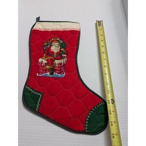Vintage Handmade Christmas stocking Quilted Santa dual image darned sock 15"